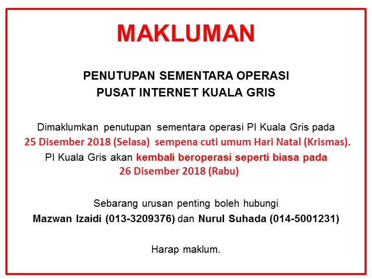 Notis cuti 25 disember 2018